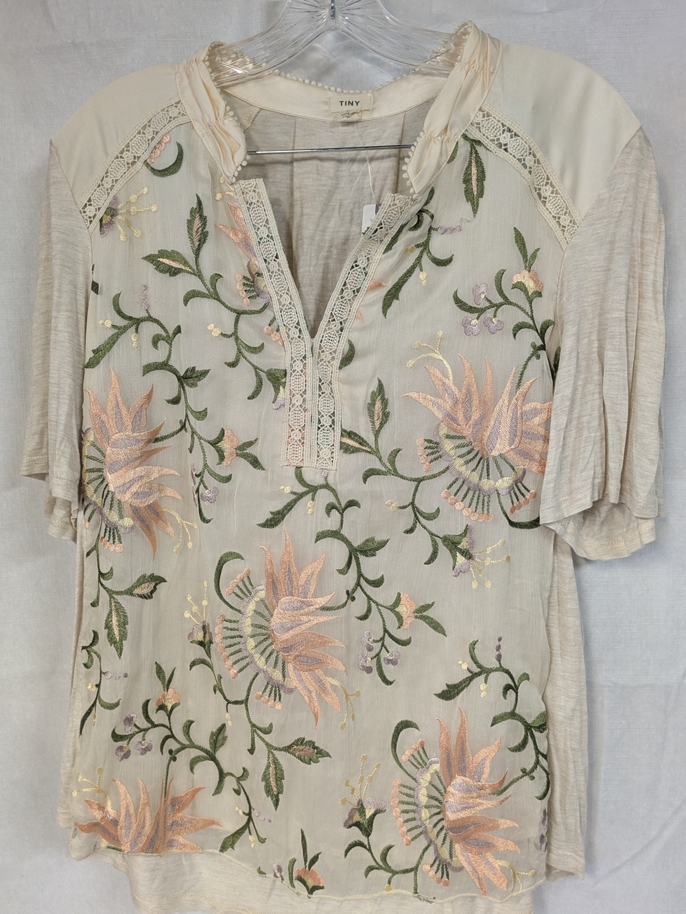 Anthropologie Cream Embroidered Floral Tunic with Peach & Green Accents